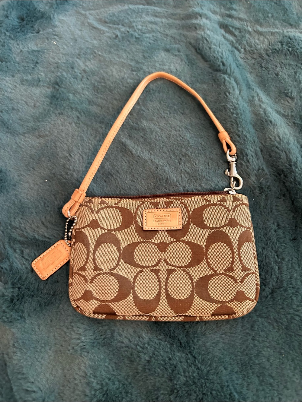Coach Brown Signature Canvas Wristlet with Tan Leather Strap